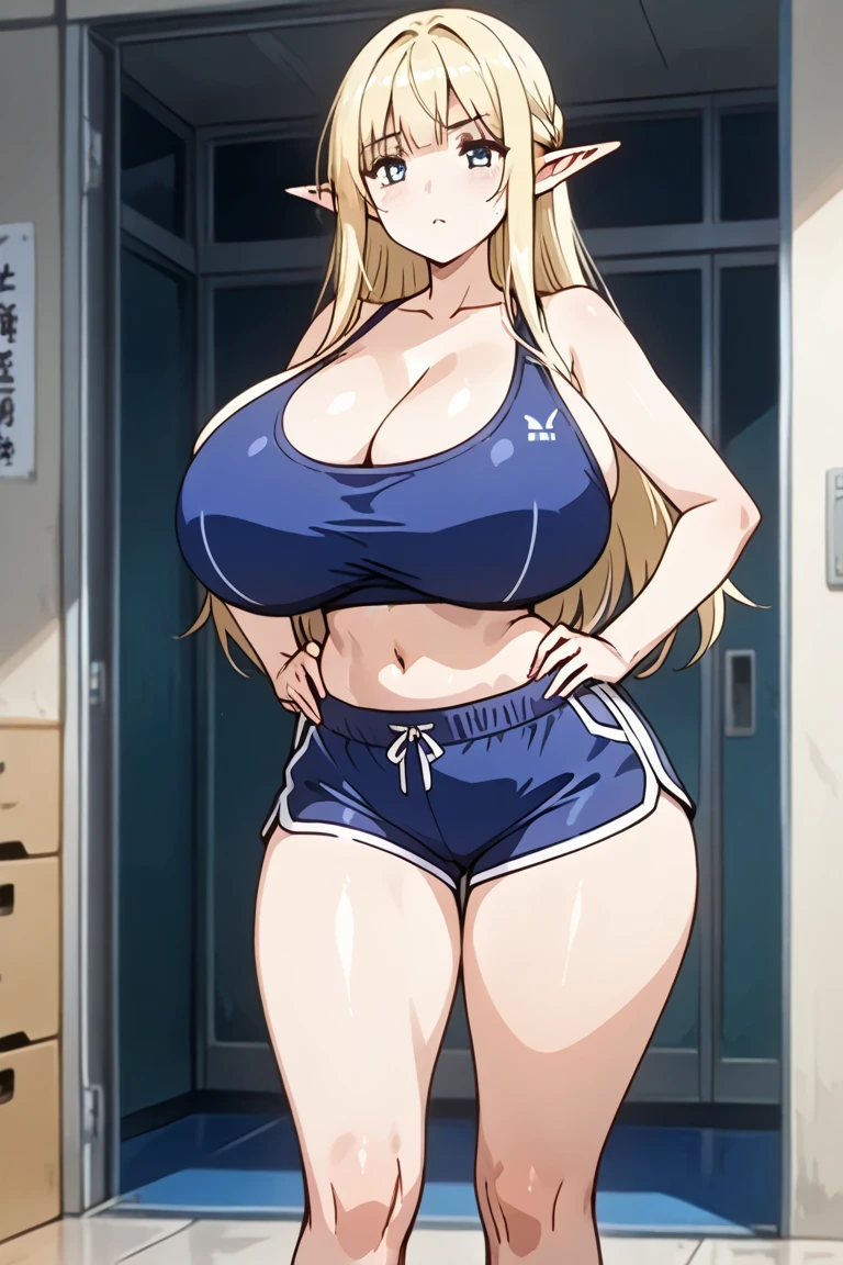 one female with blonde ponytail, booty shorts, tank top, blue eyes, standing at locker, thicc, soft body, showing full legs, curvy hips, thick thighs, wide hips, big ass, ALONE, SOLO, blushing, full lips, detailed finger, super detailed face, detailed lips, detailed eyes