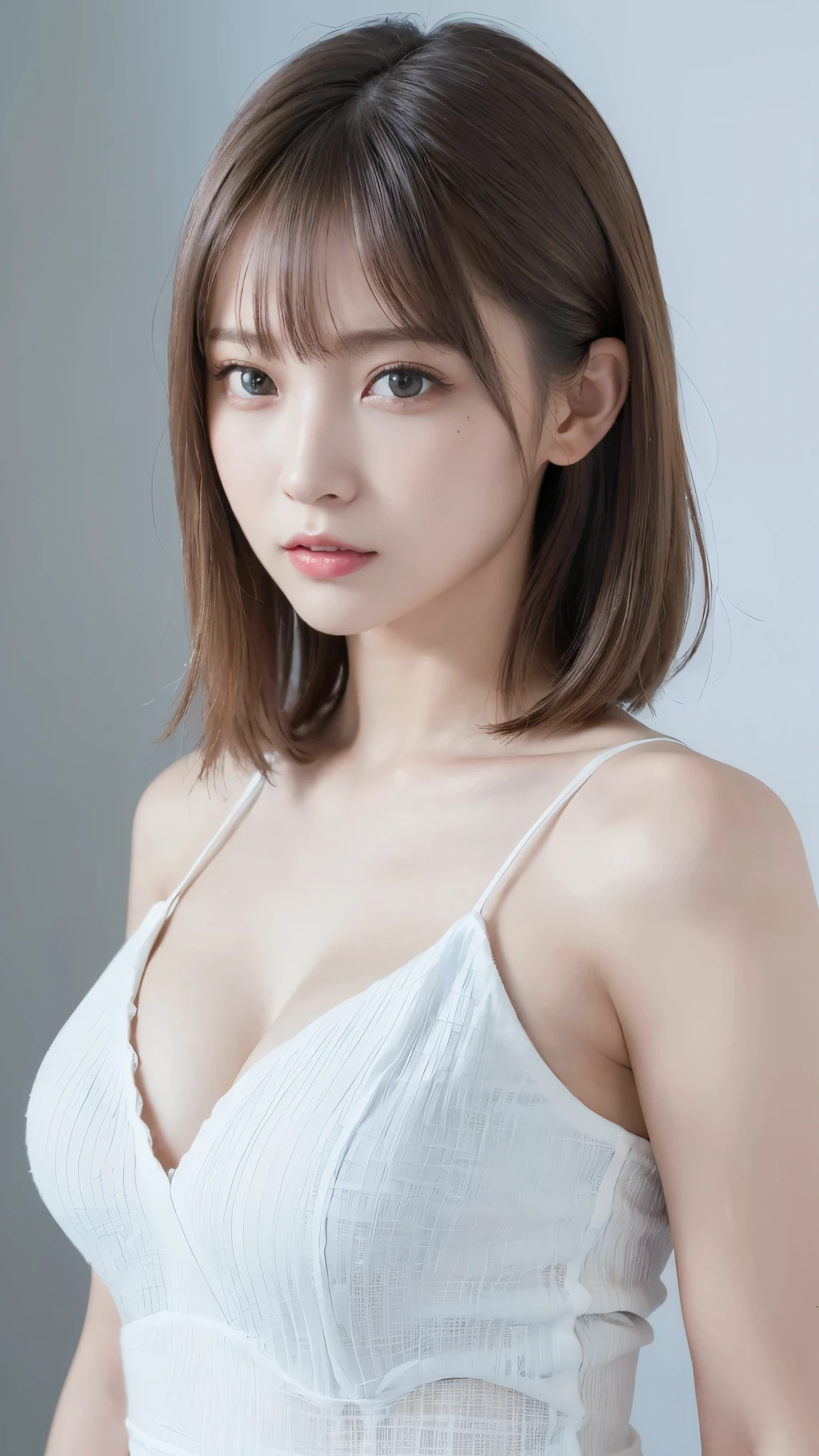 ((top-quality、8K、masterpiece:1.3))、Detail Women:1.3、(Medium Hair、Colossal tits:1.6)、Tight, Small area tank top、Clothes that emphasize the chest very much、Clothes with open cleavage、Clothes that expose a lot of skin、lightly dressed、ultra -detail、the detail、eyelid、summer vacation、cafes