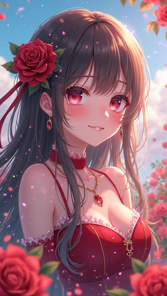 1girl, solo, long hair, breasts, looking at viewer, smile, bangs, red eyes, dress, holding, bare shoulders, jewelry, collarbone, braid, flower, red hair, earrings, small breasts, outdoors, parted lips, wings, nail polish, bare arms, petals, strapless, makeup, rose, red dress, red flower, strapless dress, red nails, red rose, fairy wings, holding flower