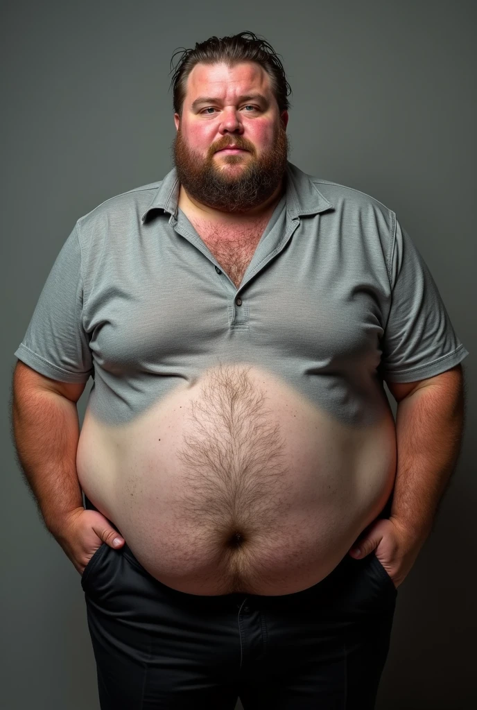 Genes, a chubby man with marked muscles, with glasses and a beard, completely naked and with his entire body visible.