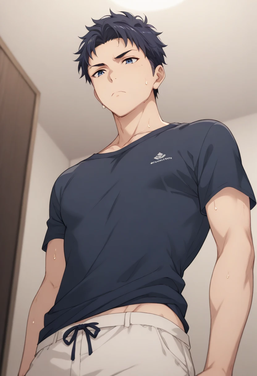 Boy, nipples, short pants, little bulge, blushing, big chest