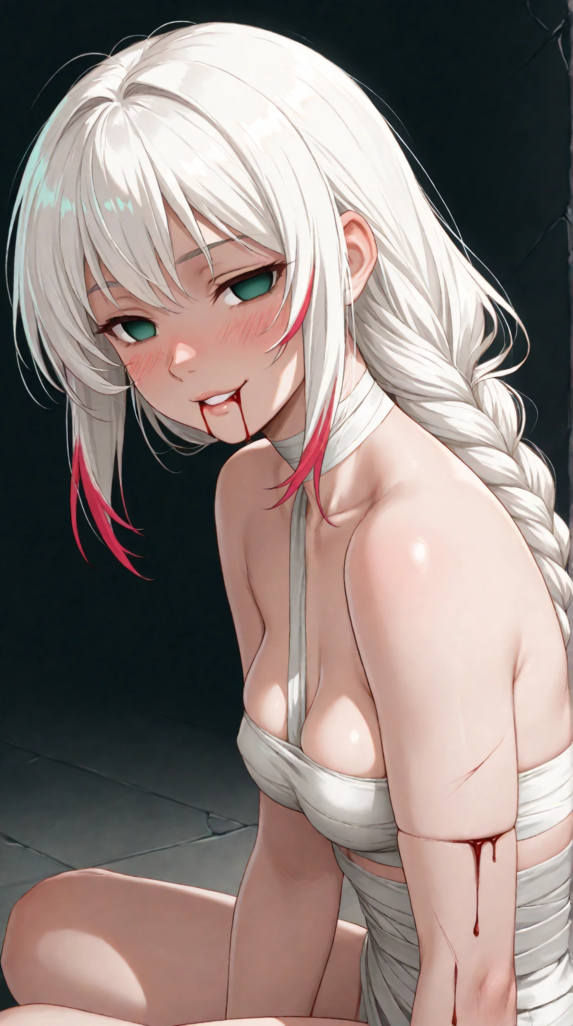 A girl hangs on a rope naked, blood flows from her mouth and cum flows from her body