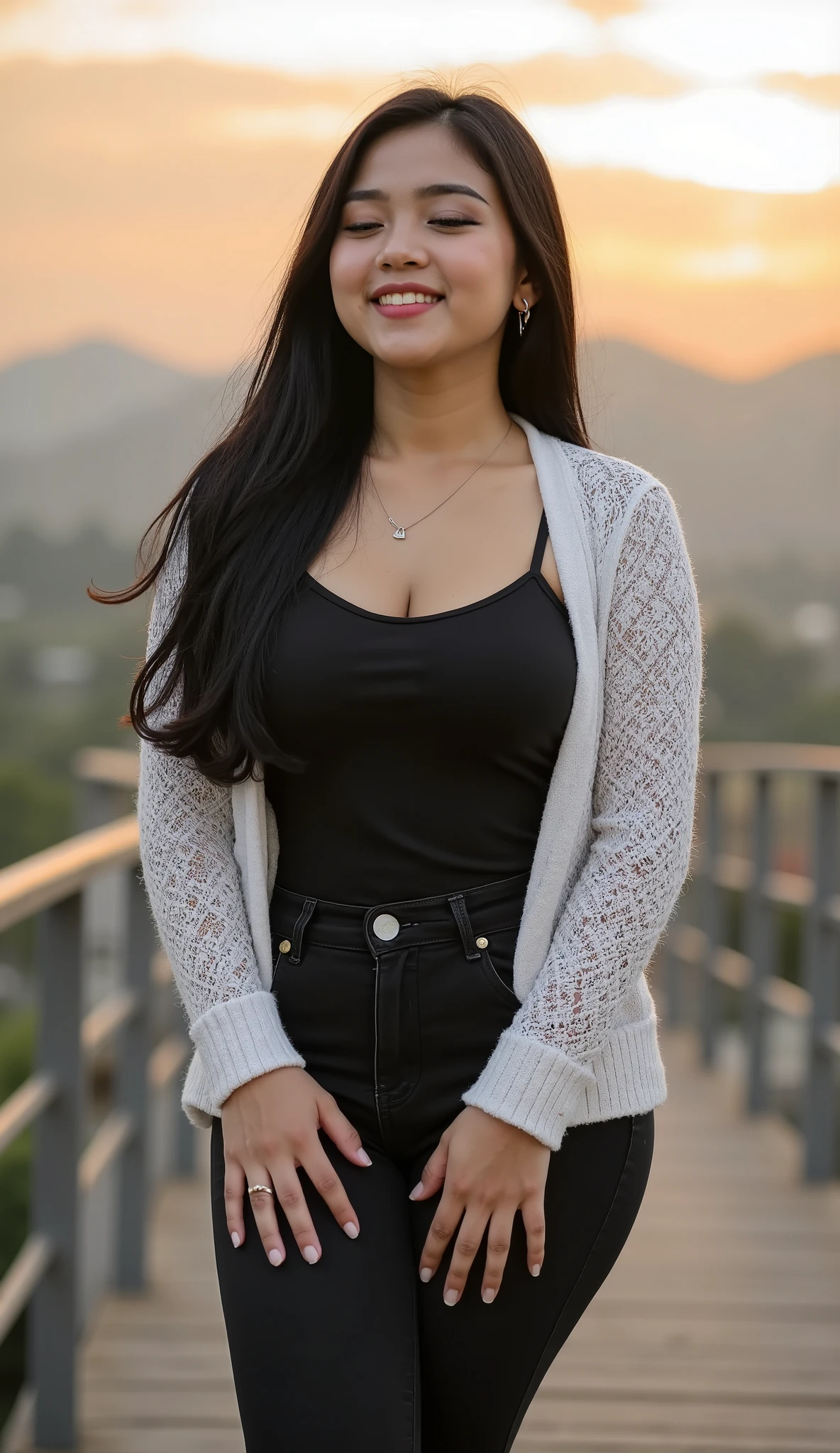 A beautiful indonesian female with long tangled hairstyle, 25 years old. indonesian face, highly detailed beautiful face and eyes, attractive face, charming face, Full body, chubby body, white skin, medium breasts, cleavage, anatomically correct, black hair, long tangled hair, hair covers ears. Wearing black jeans, black shirt and white cardigan, necklace. Background overlooking a beautiful mountains in afternoon, sunset, orange light in the sky. Standing on the edge of bridge, facing forward, hands on thighs, closed eyes, smile showing teeth. Ultra detailed chubby body, highly detailed appearance, hyper quality image. Highly detailed background. Hyper resolution. Ultra high realistic image. 16k. Ultra detailed