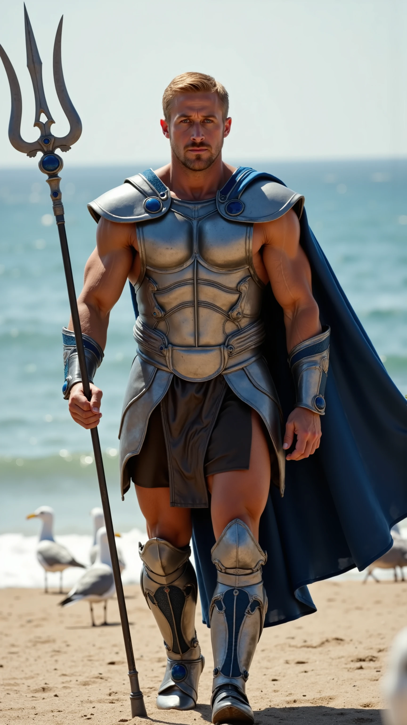 Ryan Gosling reimagined as Gladiator walking and holding a trident, 1 male, short sandy blond hair, smooth features, calm demeanor, wearing sleek silver armor with blue accents, leather skirt, and a blue cape. In his hands he holds a trident with sharp prongs and sapphire inlays, shows his male character's full figure, athletic body, perfect face, full body, extremely beautiful, god, male shape, perfect anatomy, the background showcases a coastal Roman arena with ocean waves and seagulls on a sunny day, luxurious and appropriate to the era and style, photorealistic, masterpiece, realistic, high contrast, 8k, HD, high definition detailed, detailed, hyper detailed, realistic skin texture, best quality, ultra high resolution, hyper realistic, no text, very detailed eyes, dramatic lighting.