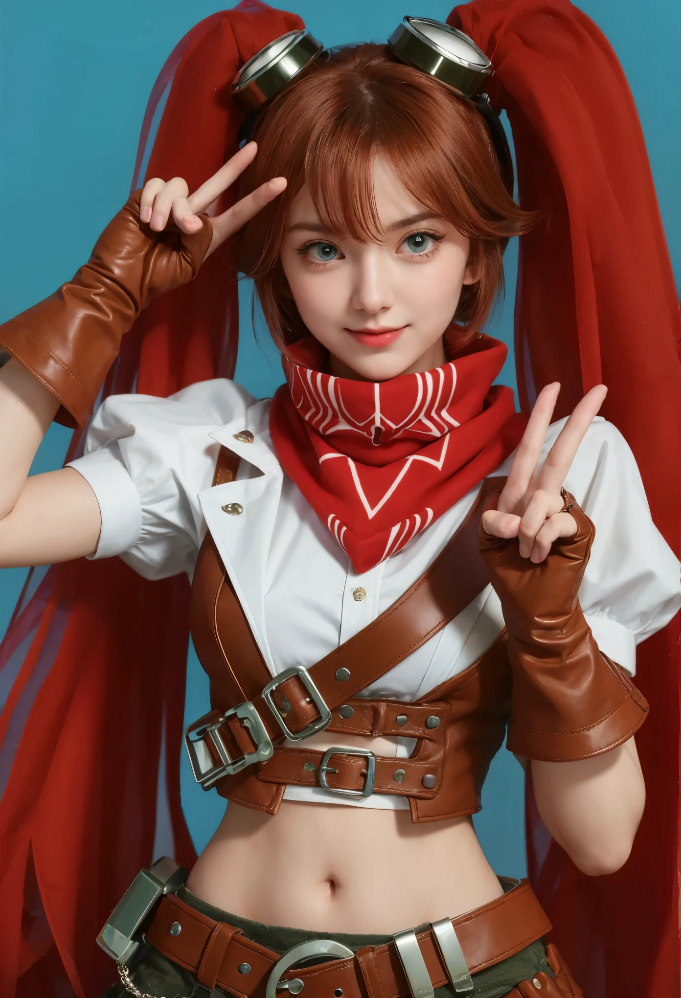 score_9, score_8_up, 8k, 1girl, solo, gloves, red eyes, fingerless gloves, ponytail, belt, long hair, bow, orange hair, choker, black gloves, white background, dress, hair bow, jacket, bike shorts, closed mouth, bangs, skirt, red bow, ribbon, blunt bangs