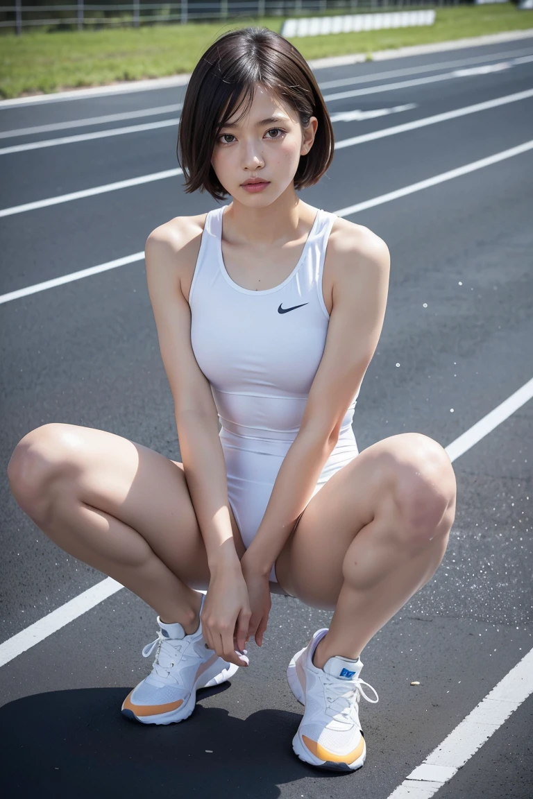 highest quality、8k、No makeup、masterpiece、Ultra-high resolution、Photorealistic、Realistic、very cute、Baby Face、Narrow waist、Round eyes、Very short hair、smile、Calvin Klein、Head to knee photo、Delicate face、Beautiful Skin、Athletics Stadium:1.6、Run:1.8