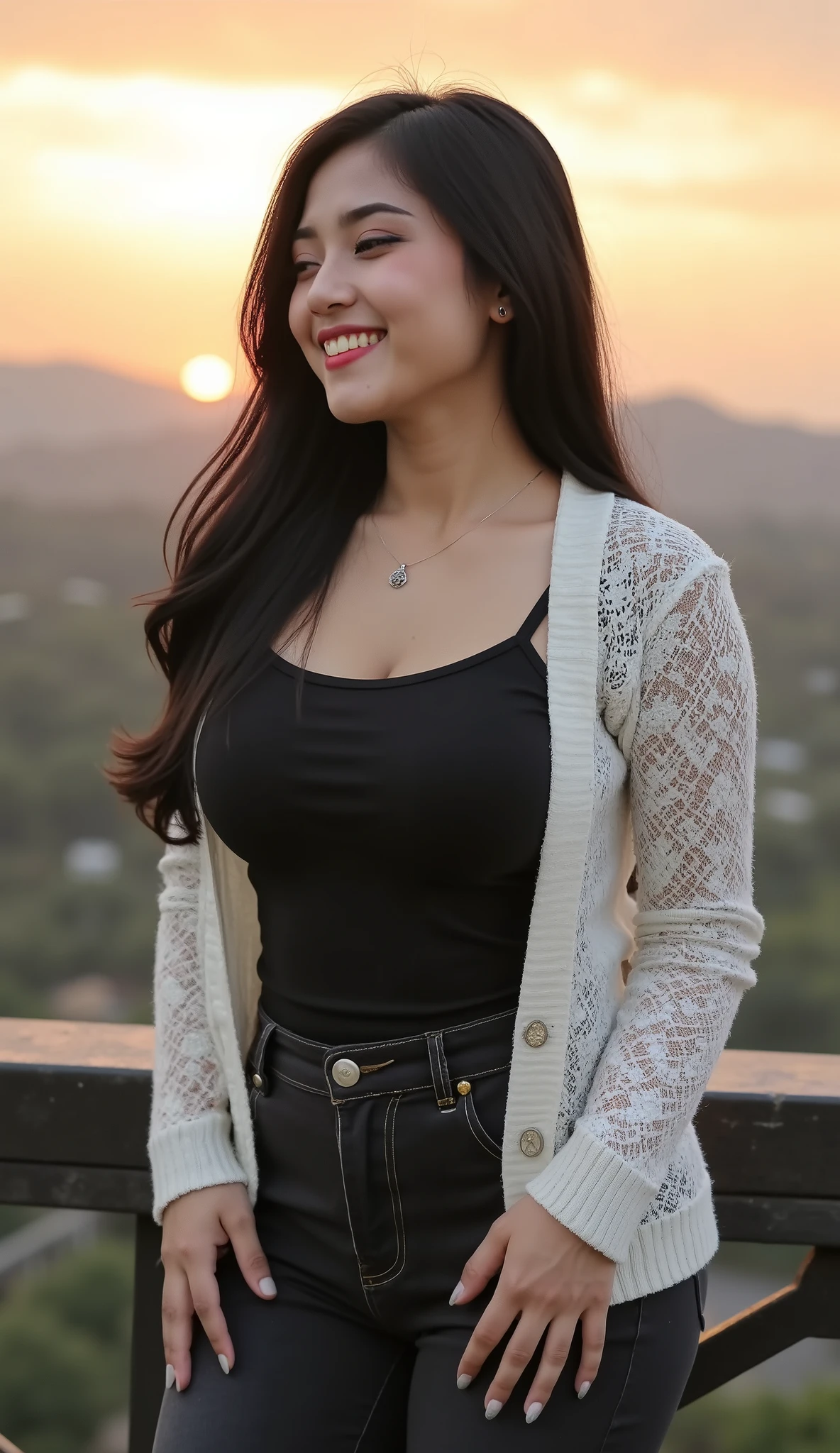 A beautiful indonesian female with long tangled hairstyle, 25 years old. indonesian face, highly detailed beautiful face and eyes, attractive face, charming face, Full body, chubby body, white skin, medium breasts, cleavage, anatomically correct, black hair, long tangled hair, hair covers ears. Wearing black jeans, black shirt and white cardigan, necklace. Background overlooking a beautiful mountains in afternoon, sunset, orange light in the sky. Standing on the edge of bridge, facing forward, hands on thighs, closed eyes, smile showing teeth. Ultra detailed chubby body, highly detailed appearance, hyper quality image. Highly detailed background. Hyper resolution. Ultra high realistic image. 16k. Ultra detailed