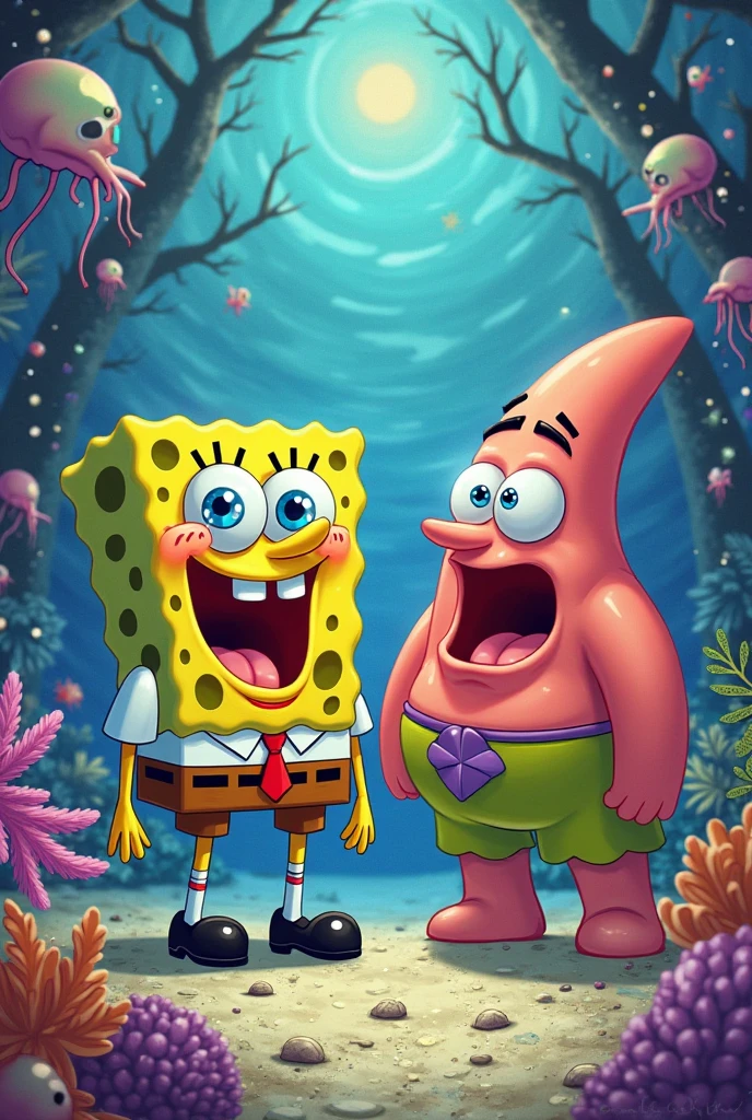 Patrick Star with fishnet stockings and SpongeBob beside him