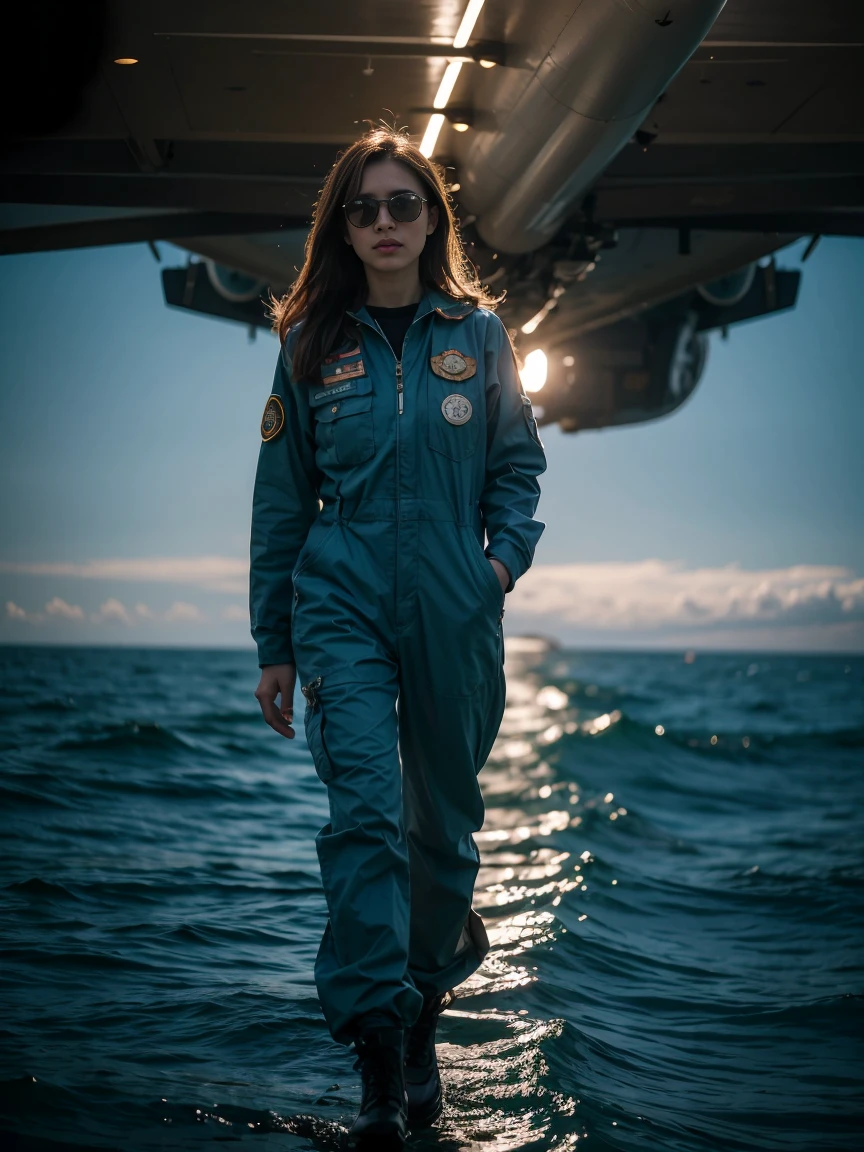 score_9, score_8_up, score_7_up, rating_safe, cinematic, photograph, woman in her 30s, jumpsuit, standing by an airplane
