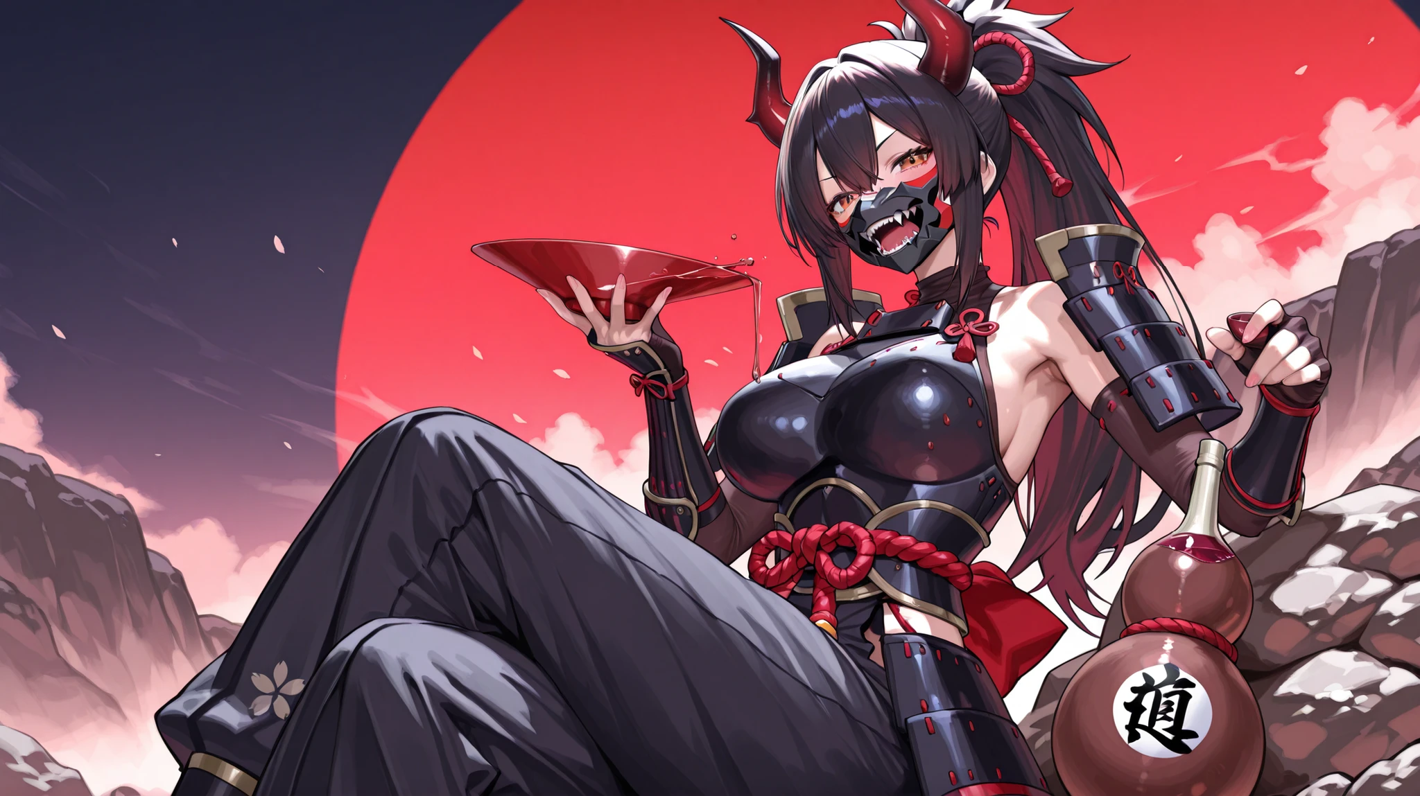 is sitting、A large gourd(Wine vessels)、A Japanese woman holding a sakazuki with alcohol in her hand、Armor、traditional Japanese armor face mask covering the mouth and cheeks with a devil's mouth design、Rock tone、Vivid Colors、masterpiece、Highest Quality、8k