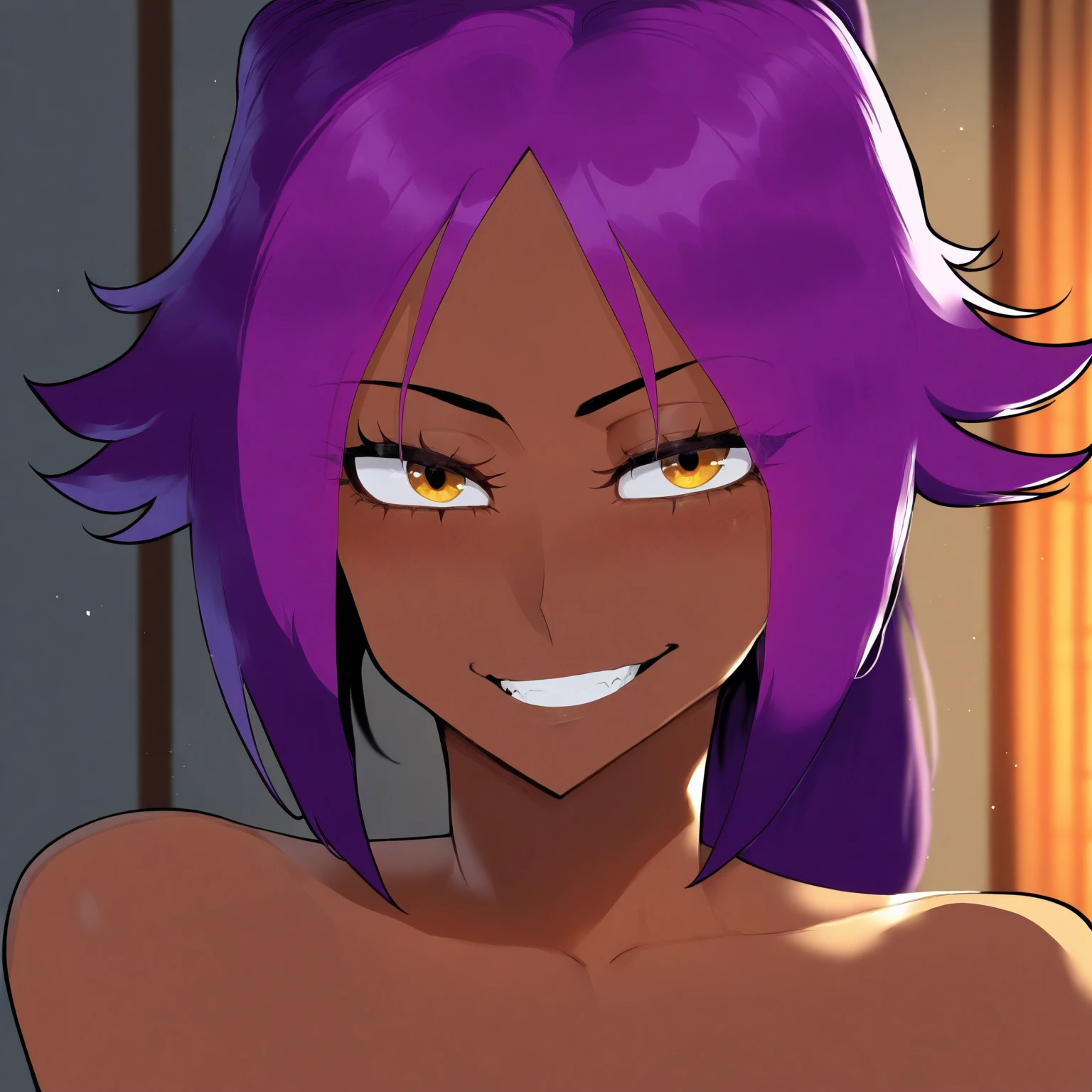 ((ultra detailed work)) , ((vivid colors solar lighting)) , ((face detailed)) , ((body detailed)) a sensual beautiful young woman sitting on a beach with a beautiful smile. Yoruichi shihouin