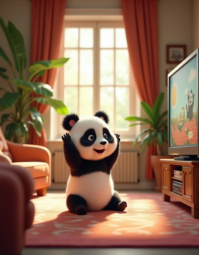 Animation, 8K quality. Funny scene. Panda doing stretching exercises while watching TV. In a luxurious living room. Effective lighting.