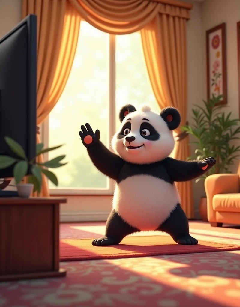 Animation, 8K quality. Funny scene. Panda doing stretching exercises while watching TV. In a luxurious living room. Effective lighting.