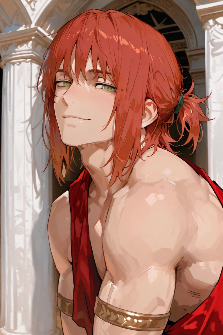 A male mermaid with red and white hair is sitting on the beach