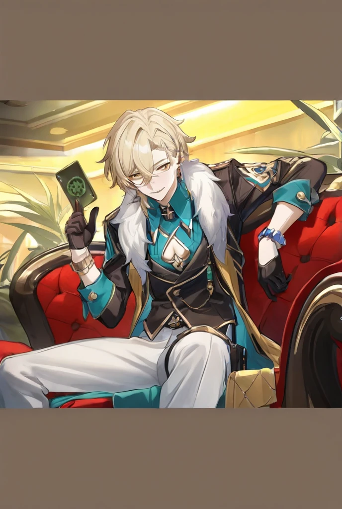 score_9, score_8_up, score_7_up source_toon, aventurine_\(honkai:_star_rail\), 1boy, blonde_hair, short_hair, hair_between_eyes, multicolored_eyes, black_gloves, collared_shirt, earrings, aqua_shirt, fur_trim, bracelet, neck_tattoo, clothing_cutout, two-tone_eyes, bulge, big bulge, toon, cartoon effect, Real Roulette.