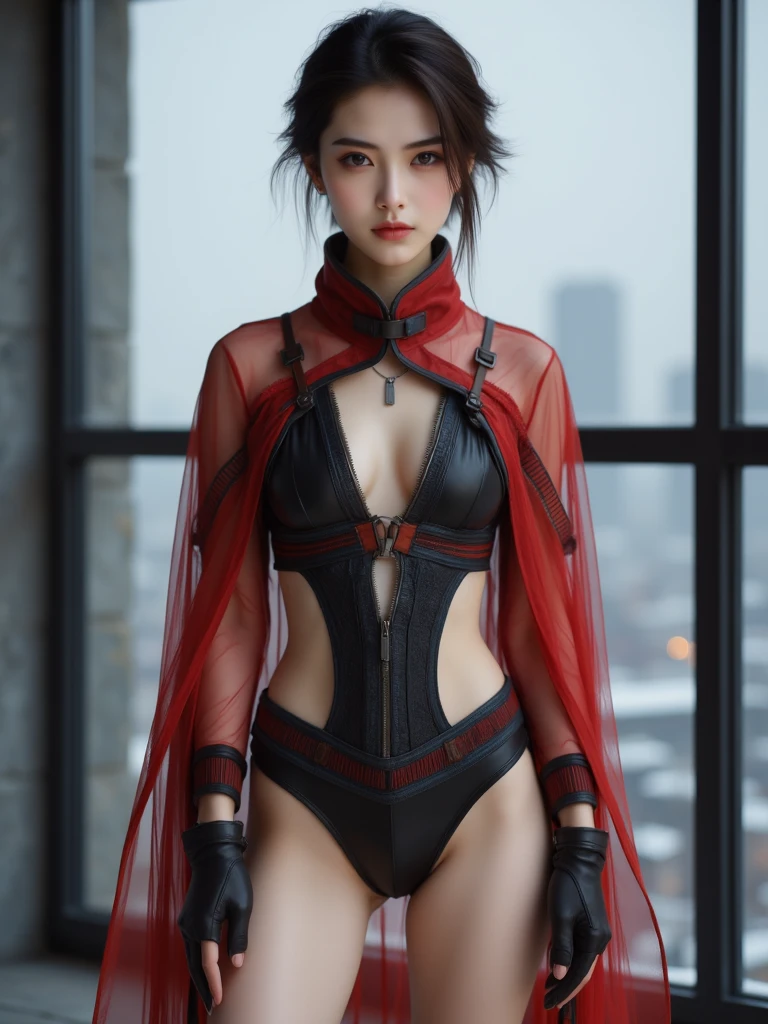 super girl elementary school student, masterpiece, highest quality, abstract, psychedelic, neon, (honeycomb pattern), (creative:1.3), fantasy 00d、 black hair、bob cut with trimmed ends、flat chest、Thin crotch、lolicon、stand on the sidewalk、belly button、High-leg style、red cloak、Swelling of the nipples