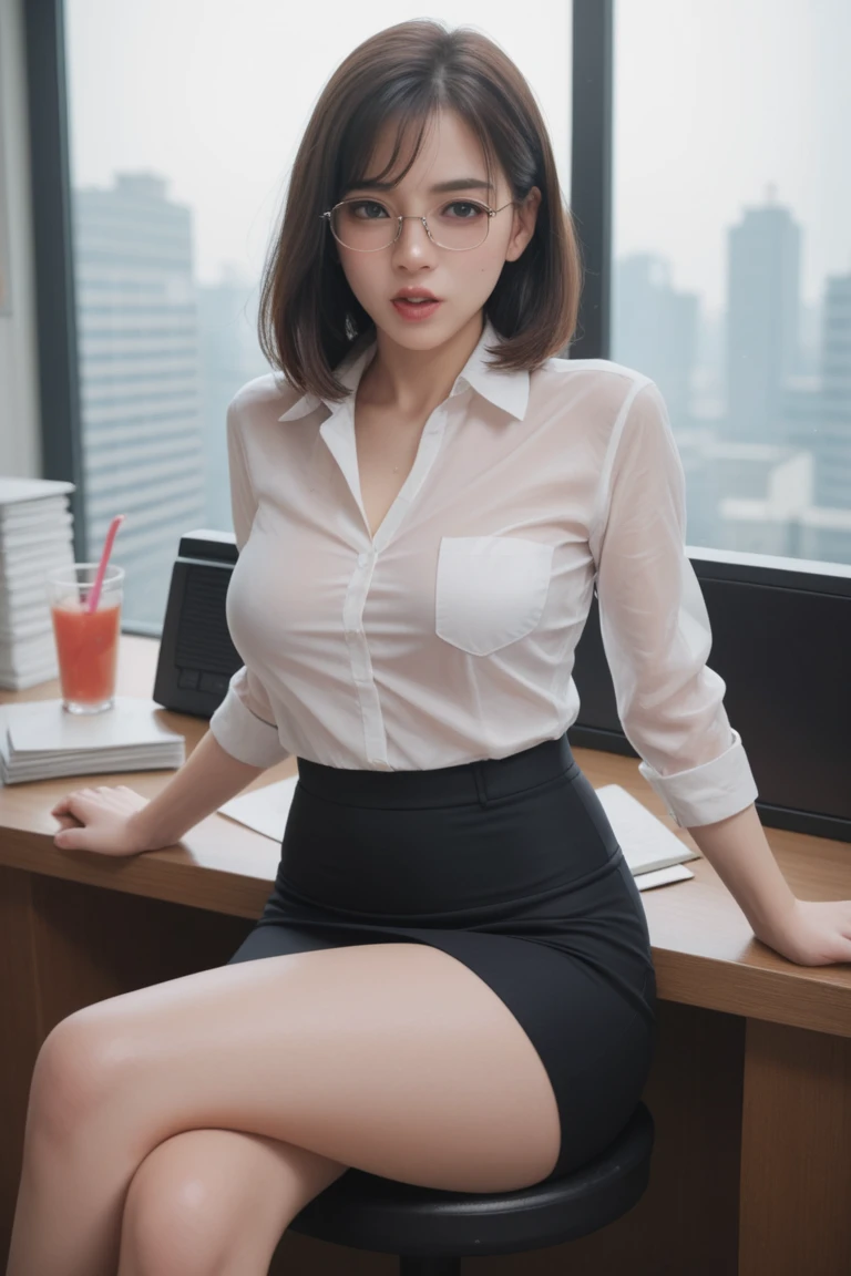 extremely detailed CG unity 8k wallpaper, best quality, ultra-detailed, masterpiece, realistic, photo realistic, extremely detailed cute girl, 25years old, (office lady), (glasses) , blush, round eyes, medium breasts, viewer, parted lips ,office , computer desk , squat , business white shirt , (showing panties) ,half body shot , bob cut