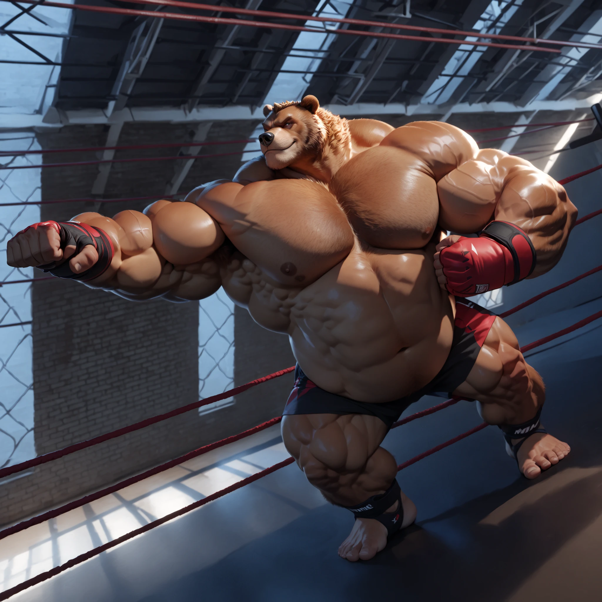 a huge muscular grizzly bear, bodybuilding competition, posing on stage, extremely detailed, photorealistic, 8k, award winning, cinematic lighting, dramatic pose, powerful muscles, rippling fur, intense expression, competitive briefs, stage, audience, judges, dramatic background