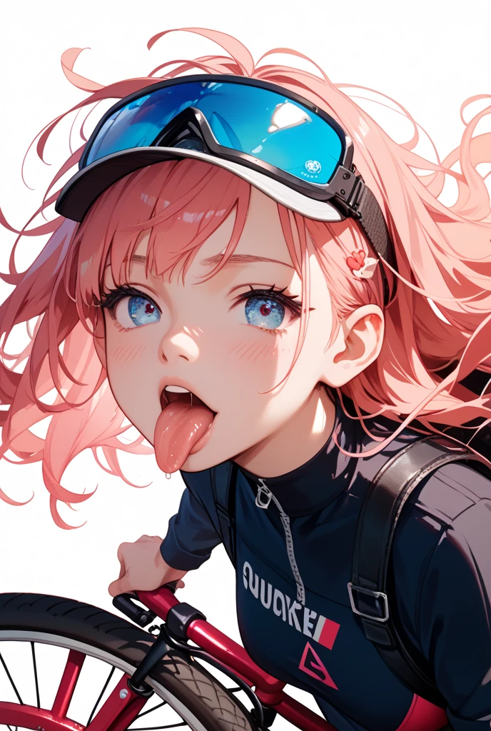<lyco:Chopper-08:0.7> Choppermeme, bangs, multiple girls, shirt, hair ornament, hat, 2girls, twintails, blue hair, standing, jacket, pink hair, short sleeves, shoes, shorts, teeth, tongue, socks, hairclip, striped, blurry, aqua hair, from above, white jacket, looking up, yellow headwear