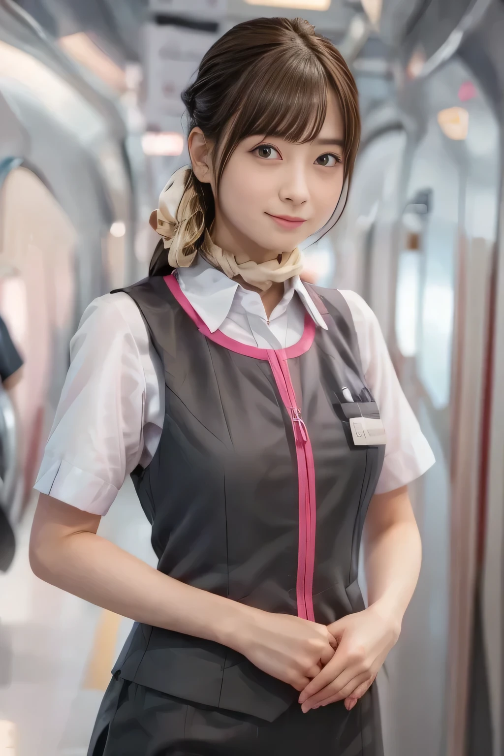 (masterpiece:1.2, Highest Quality:1.2), 32kHDR, high resolution, (alone、one girl)、( station platform waiting for streetcars、Professional Writing)、Empty station platform waiting for streetcars background 、( Realistic style of JR GranClass Attendant Uniform)、Short sleeve blouse、Wrapping scarf around neck、( JR Gran Class flight attendant uniform with pink decorations on the sleeves )、( What is the JR Gran Class flight attendant uniform、there is a pink line on the front zipper of the vest.)、Dark Brown Hair、(Long hair bundled hair、 hair like dots)、Dark Brown Hair、 long hit 、Big Breasts、(( amazing hand :2.0)),((A harmonious body shape:1.5)),((normal limbs:2.0)),((Don't make the:2.0)),((clock:2.0)),((Normal eyes:2.0)))、Big Breasts、 fine necklaces、smile、Beautiful position, Cross your hands