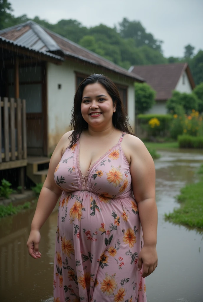 Beautiful sensual woman with a curvy body, long hair, bangs, twintail, (Obesity Physique:1.2), Curvy Hips, Round belly, ((fat rolls)), big ass, thick thighs, soft, Chubby, wide waist, sparkling eyes, long eyelashes, Strong calves, light smile, taniaayusiregar, beautiful striped summer dress, sneakers, glasses, posing for a picture, river in the background, small Mountain village, photorealistic, sunset, Masterpiece, bokeh, Volumetric lighting, summer atmosphere, high angle shot