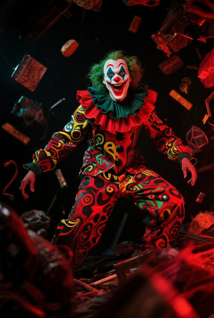 A circus-themed demon clown with fiery makeup, green demonic smoke rising from his face, and circus attire. The background is a dark, twisted circus tent.