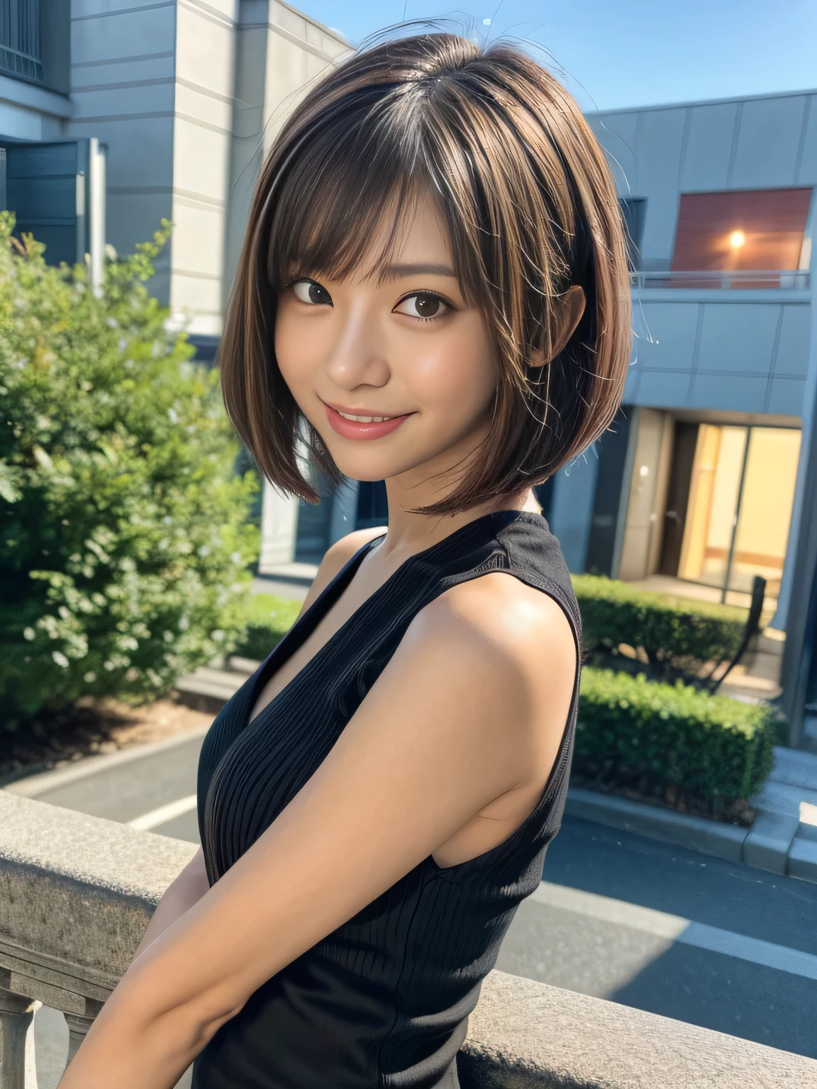áo ngực mỏng; Beaming smile; brilliant sunshine; city background; see-through dress