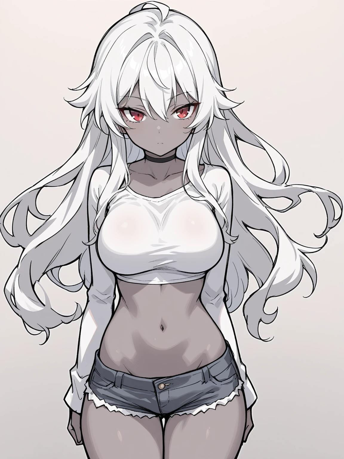 ((1girl,solo,mature female,tall)),big breasts,long hair, white hair,angry,horns,elf ears,black scarf,(dark skin),((midriff,black sports bra,neck fur)),(((white background,line drawing,gray scale))),upper body