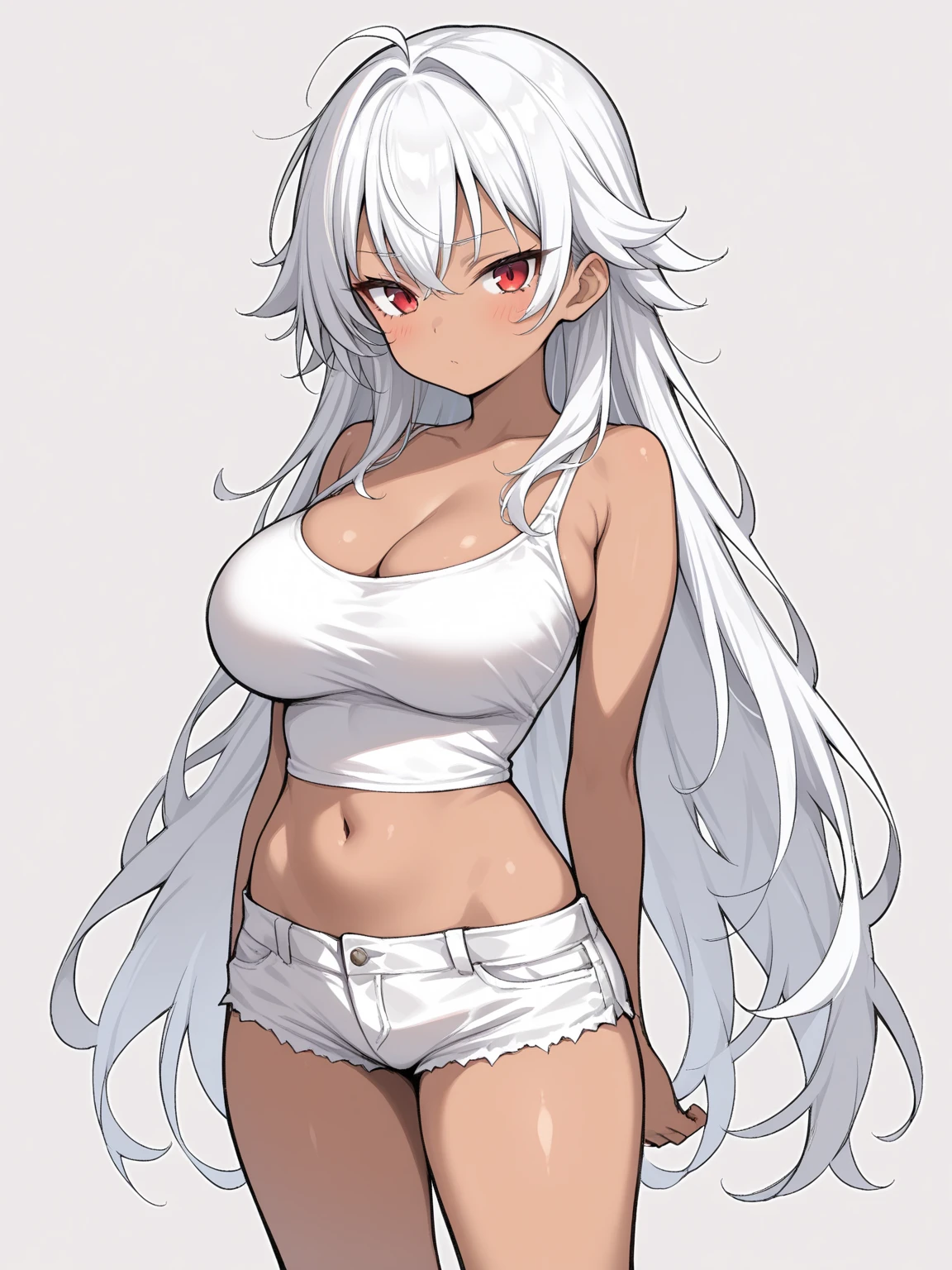 anime girl mit Hasenohren and a white top, Lola-Bunny-Fanart, OC-Kommission, Bunny Girl, casual pose, dick, mit Hasenohren, Im Anime-Stil, Order for high resolution, Charakter im Anime-Stil, ein Tanktop tragen, mit langen Schlappohren, fullbody commission for, Im Anime-Stil, sweet character, with large rabbit ears, bra visible, (((white panties))), red pupils, white hair, tanned skin