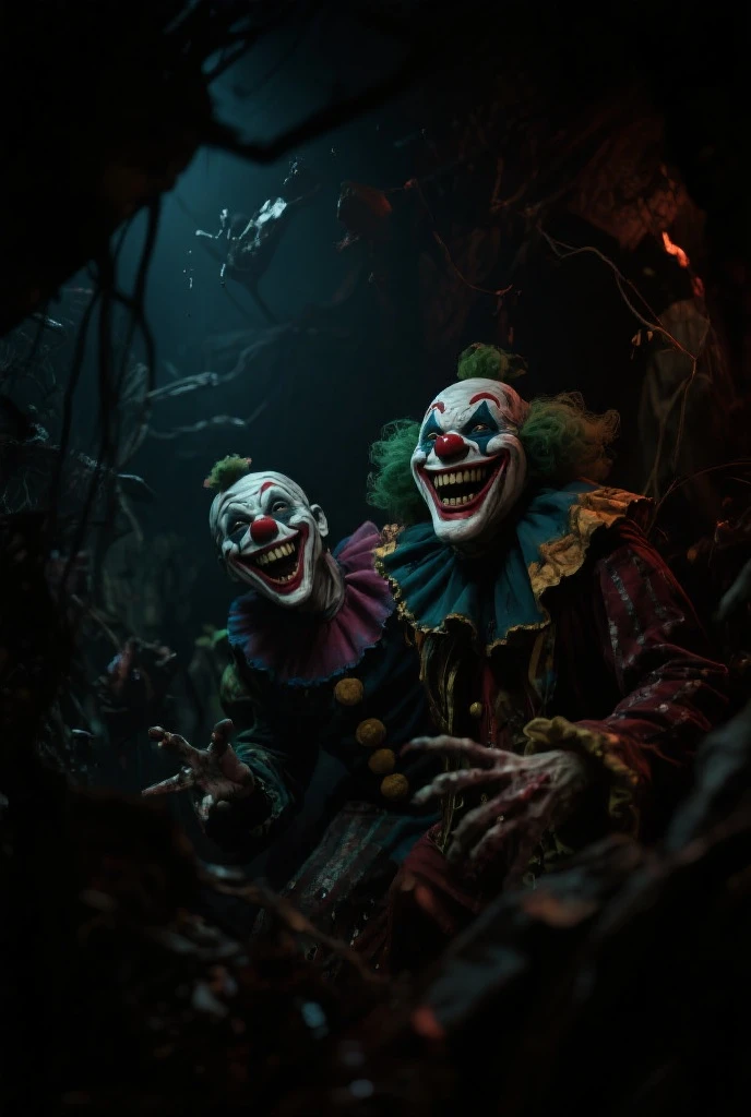 4 clown with demonic faces in a dark forest 