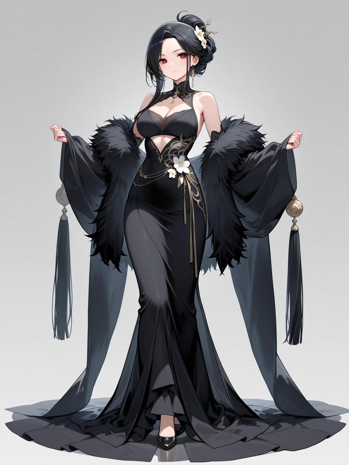(hoang lap,A high resolution,ultra - detailed),1girll,Plain white background,Full body standing painting,Black-purple hair color,the hair,Curl,The cleavage protrudes,Full body standing painting,Black wedding dress,Veil behind the head,headdress,Royal Sister