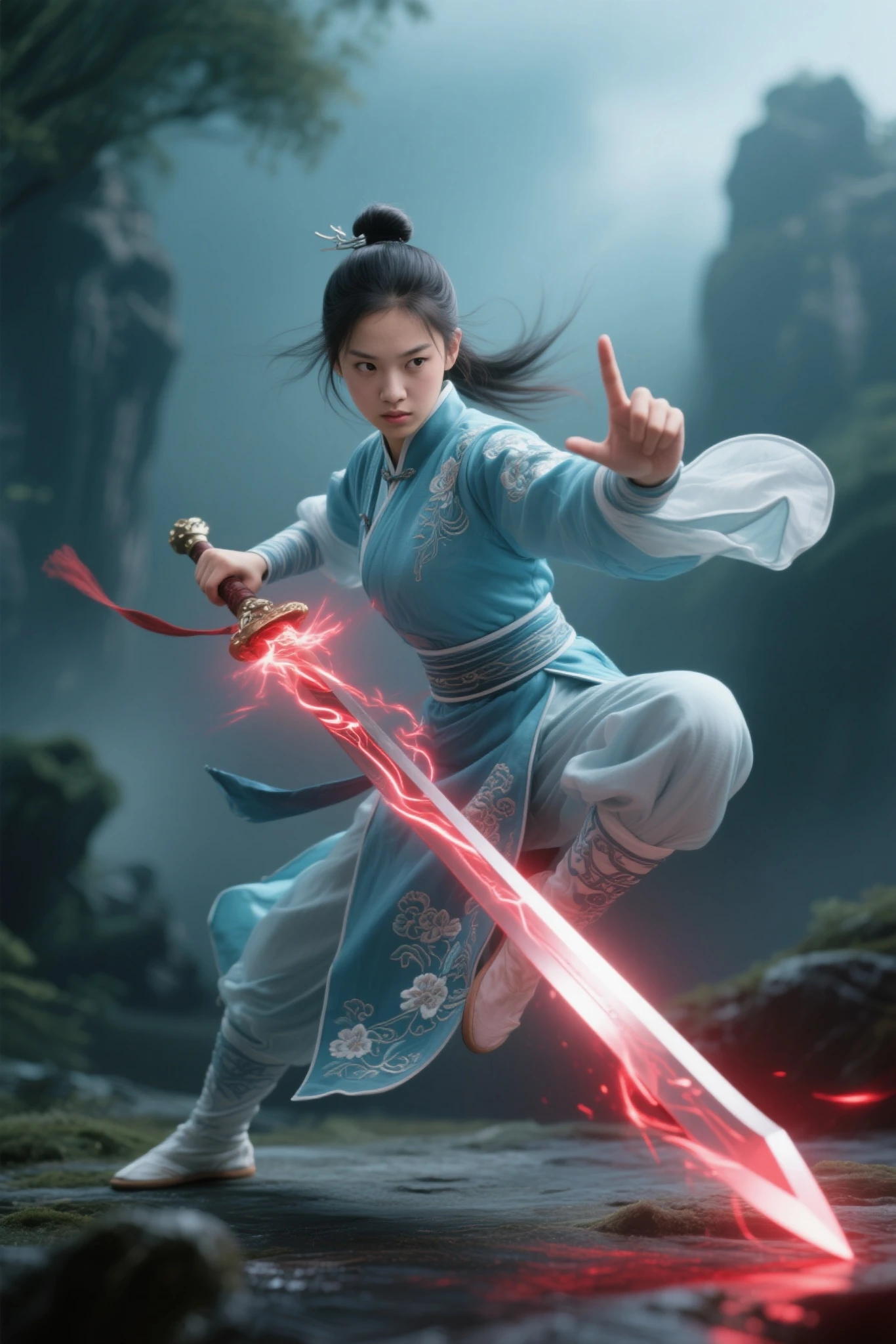 A girl with strong martial arts skills in Jin Yong's martial arts novel,is showing off her stunts with the Six Veins Excalibur,She wears a cyan embroidered Hanfu,Dynamic posture Exaggerated one-legged balance kung fu posture,bend over,The camera with her finger facing,and her thumb shoots red pulsed light in the shape of a sword,
Photorealistic Octane Render, Unreal Engine 5 Path Tracing, 32K HDR with spectral rendering,