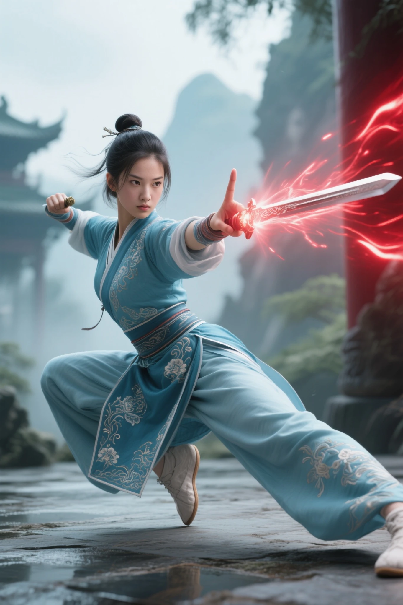 A girl with strong martial arts skills in Jin Yong's martial arts novel,is showing off her stunts with the Six Veins Excalibur,She wears a cyan embroidered Hanfu,Dynamic posture Exaggerated one-legged balance kung fu posture,bend over,The camera with her finger facing,and her thumb shoots red pulsed light in the shape of a sword,
Photorealistic Octane Render, Unreal Engine 5 Path Tracing, 32K HDR with spectral rendering,