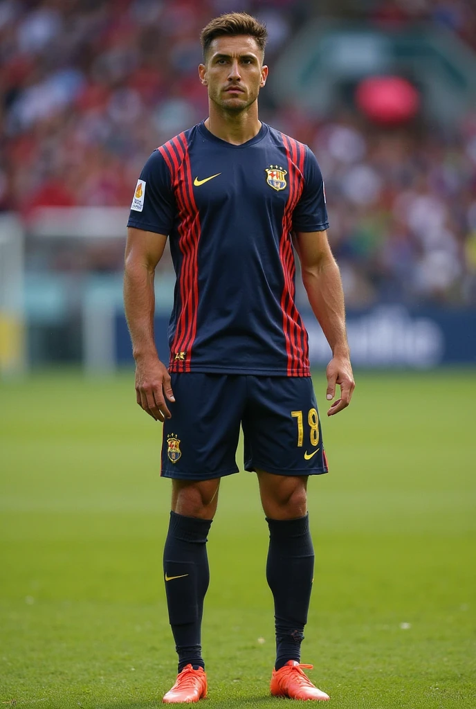 Generate an image of a man wearing a dark blue soccer uniform with red highlights and dark blue shorts and white socks