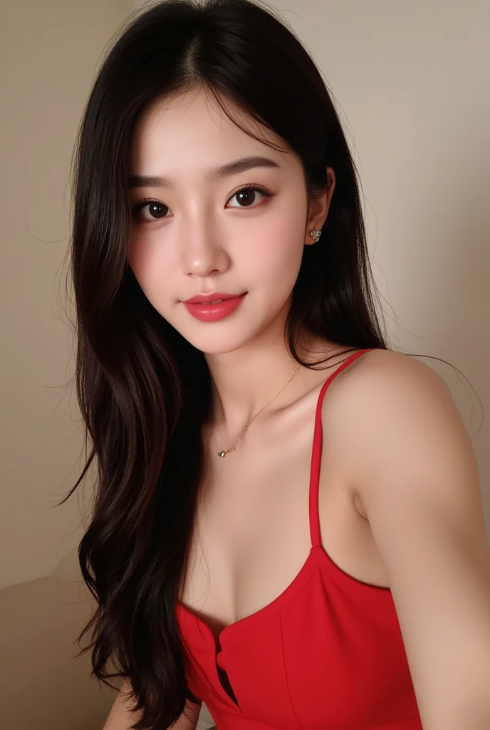 instagram photo, closeup face photo of 23 y.o nude, Red Lipstick, sensual Lipstick, Sensational Make Up, cleavage, pale skin, (smile:0.4), hard shadows, Red G-STRING, bright lighting