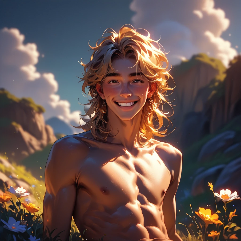 smiling, posing sexy, Portrait of an elegant beautifull mighty God boy, 12 year old, unleashing all his powers, digital painting in the style of Robert Liberace, dynamic action poses of stout god apollo, god of light a d art, greek god, blond hair fringe, male, young, handsome, upper body, muscular, hairy torso, fantasy, completely naked. Uncircumcised erect  penis, blonde pubic hair, intricate, elegant, highly detailed, digital painting, art station, concept art, soft, sharp focus, illustration, art by Robert Liberace, Gaston Bussiere and Alphonse Mucha, klimt, art deco blue background