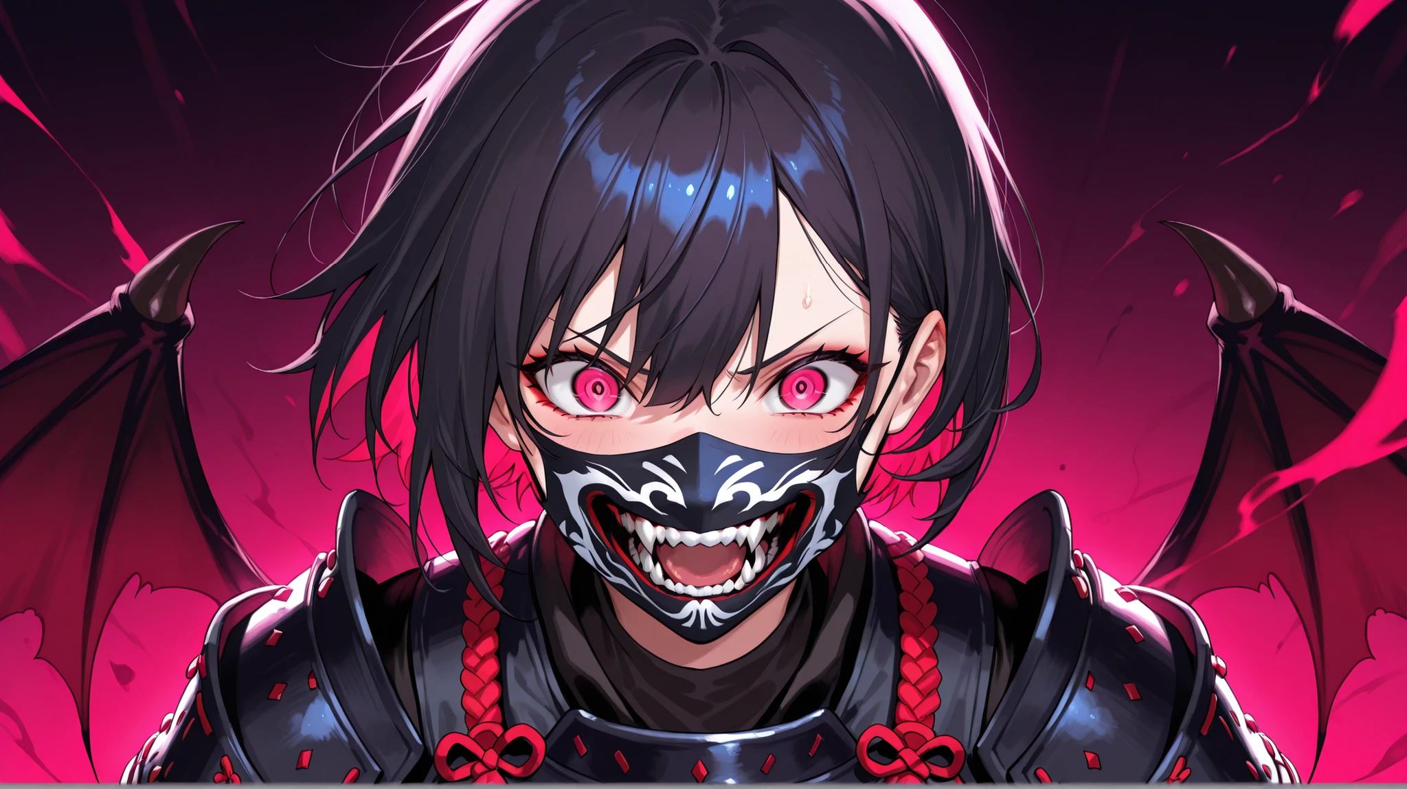 crazy atmosphere、One Japanese woman feeling excited、short hair、Armor、traditional Japanese armor face mask covering the mouth and cheeks with a devil's mouth design、Vivid Colors、masterpiece、Highest Quality、8k