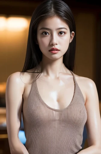 highest quality, masterpiece, ultra high resolution, (realistic:1.5), Raw photo, 1 girl ,simple gray background、in the dark, deep shadow, cold light, sexy look, short hair,(((ballerina, See-through、cleavage、beautiful navel,small breasts)))
