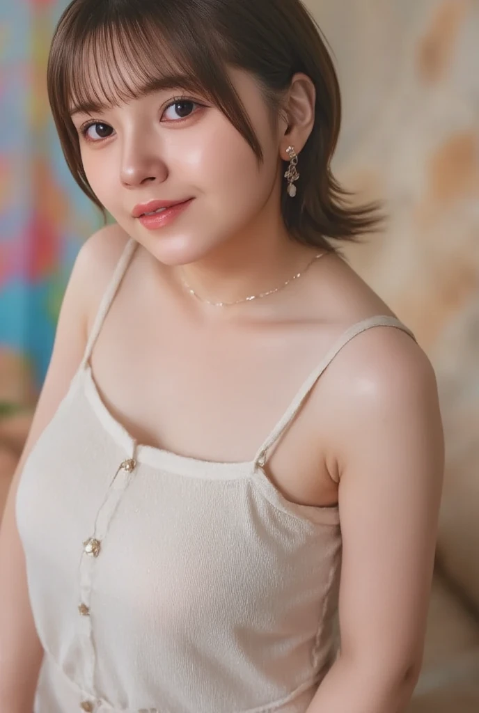 (8k, Photorealistic, Raw photo, Highest quality: 1.4),Japanese idol style1Beautiful girl of the person,18-year-old,Short bob hairstyle,Black Hair,She has her hair tucked behind her ears,She has small earrings in her ears,Big, clear grey eyes,Long eyelashes,Plump Cheeks,She is wearing pink lipstick,Apply gloss over your lipstick for glossy, plump lips,Smiling,A short pendant is hanging around her neck.,The nails on both hands are painted with light pink nail polish.,Both toenails have red nail polish,Wearing a black camisole,Wearing a pink pleated skirt,wearing sandals on bare feet,garden,Standing posture,Angle from the front,Full body portrait