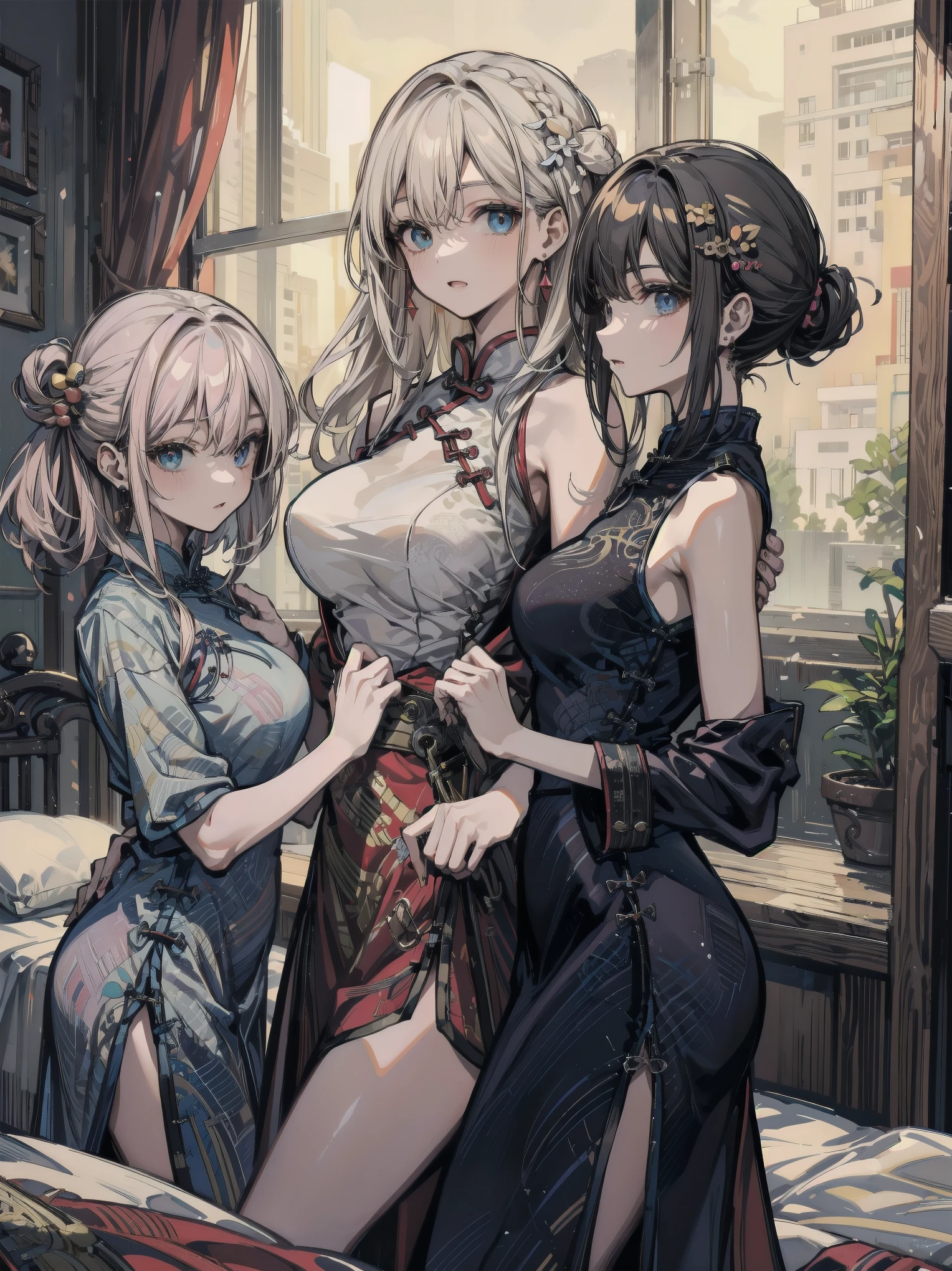 Three girls standing in the park at night,Clear sky in the background. Park benches and soft lighting, Rear photo, (Side photography), looking back at the viewer, (Masterpiece), ((Ultra-detailed)), (Highly detailed), (Expressionless), (Best quality: 1.2), 8K, hdr, A high resolution, absurderes: 1.2, Object perspective, Blurred background, Bokeh: 1.1, Lens flare, (vivd colour: 1.2), High quality texture, Detailed texture, High-quality lighting and shadows, a face with perfect proportion, full bodyesbian, Mature and excited body, Detailed skin texture, vibrant, pale and radiant skin, natural saggy breasts, gigantic bosom: 1.5, High waist, Narrow waist: 1.3, Wide hips, Full buttocks, Detailed beautiful face, (PureErosFace_V1:1.3)(Ulzzang-6500:0.4) Detailed beautiful eyes, Symmetrical eyes, Perfect eyes, Seductive eyes, Beautiful nose, High nose, Clear blush, Detailed lips, Earrings, hoop earings, necklace, jewelry, Sapphire heart necklace, Silver-toned high-heeled sandals, Seductive expression, Smile, Perfect hands, Delicate and beautiful fingers, Detailed beautiful legs, photo-realistic hair, detailed hairs, (Silver dress, Red dress, Blue dress), Chisato Nishiki, Long hair, Blonde hair, (Red eyes: 1.5), Hair ribbon, Bob cut, Red hair ribbon,),gigantic cleavage breasts,Japan goddess,blush,