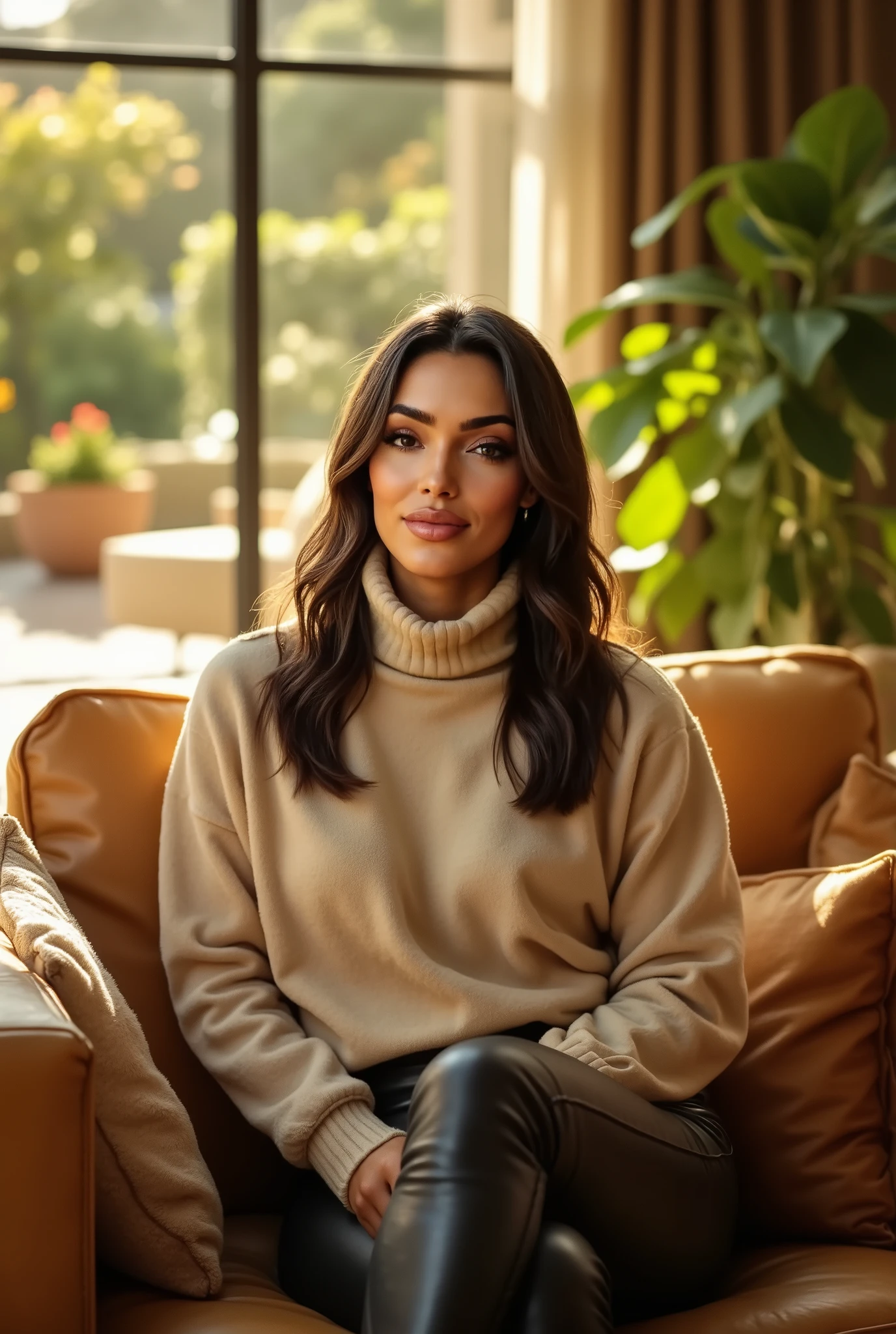woman wearing a cowl neck sweater and leather pants, sitting in her fully stocked spanish villa, sunshine, godrays