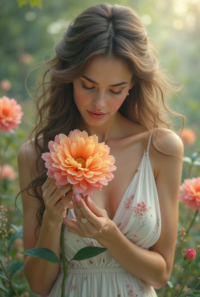 (1girl), extremely beautiful, extremely cute, Amazing face and eyes, (big round eyes:1.15), (extremely detailed beautiful face), extremely detailed CG unified 8k wallpaper, Highly detailed, High-definition raw color photos, professional photograpy, Realistic portrait, celebrities, makeup, Straight hair, brunette, Sitting, (no panties:1.2), Outdoors, dense woods, (Meadows full of wildflowers:1.5), (Wildflower Garden), ((rivers)), (((Bokeh))), depth of fields, (View from below:1.2),