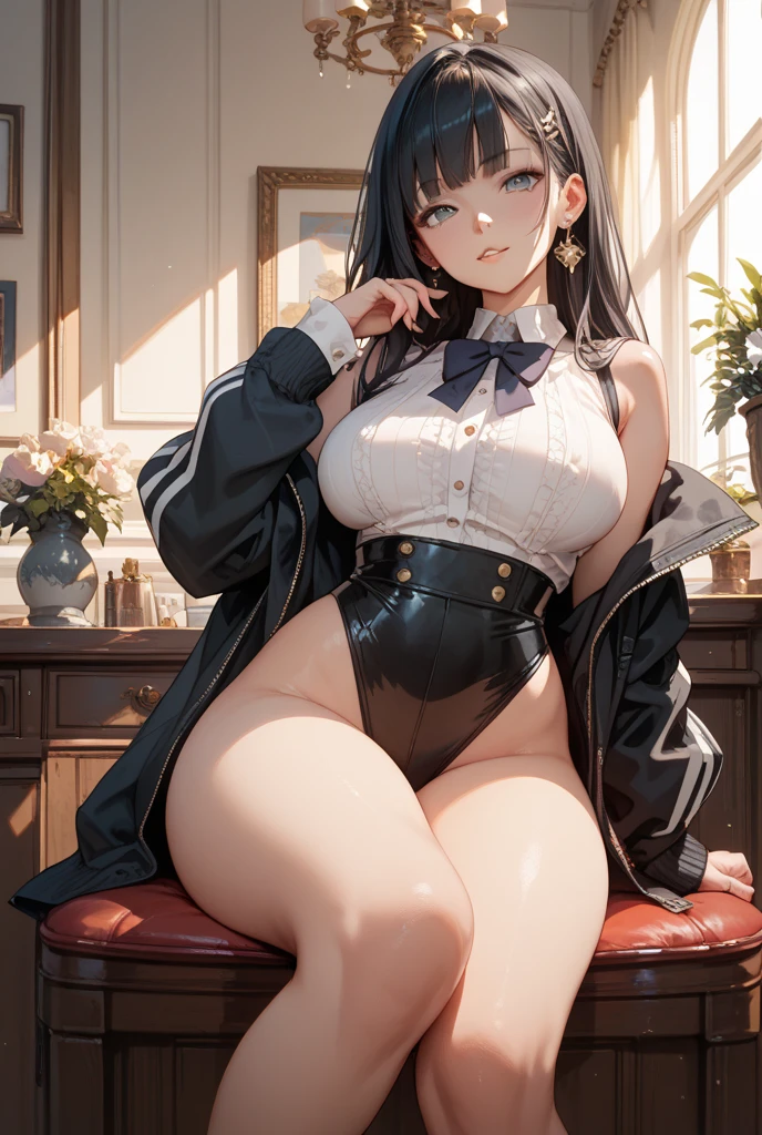 ((mejor calidad)), ((Obra maestra)), (detallado), 1girls ai_generated black_hair black_panties blue_archive blush breasts bunny_ears cameltoe choker crop_top dark-skinned_female dark_skin elbow_gloves fake_animal_ears female_only from_below gloves halo highleg highleg_panties indoors large_breasts long_hair looking_at_viewer millennium_science_school_student navel no_bra parted_lips partially_visible_vulva pussy_peek sailor_collar solo solo_female straight_hair thick_thighs thighs thong underboob underwear wide_hips black_eyes