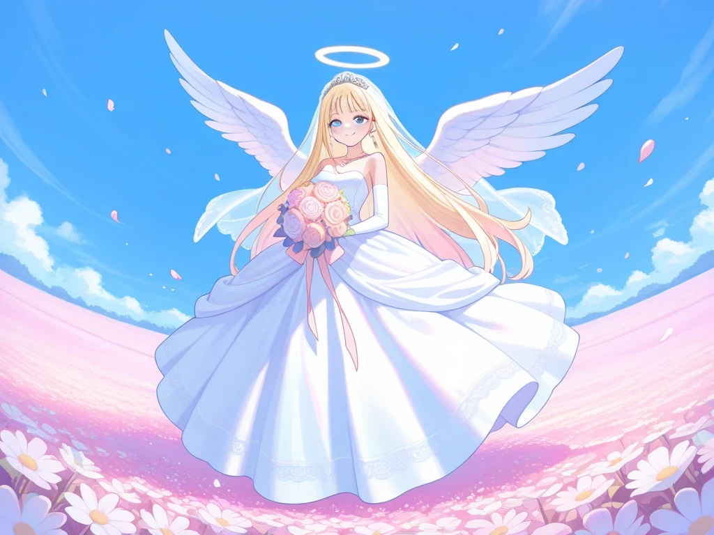a girl, (blue eyes), blonde hair, very long hair, straight hair, skinny, wedding dress, very long skirt, spread skirt, very long bridal veil, white elbow gloves, white stocking, wedding bouquet, earrings, necklace, large tiaras, bashful, smile, (huge angel wings), (flying), (pastel colors:1.1), full body shot, Swaying Skirt by wind, pastel colors, full body shot, looking ahead, front view, fisheye, flushed, smile, In a field of flowers, a lot of petals, blue sky, beautiful detailed, beautiful detailed background