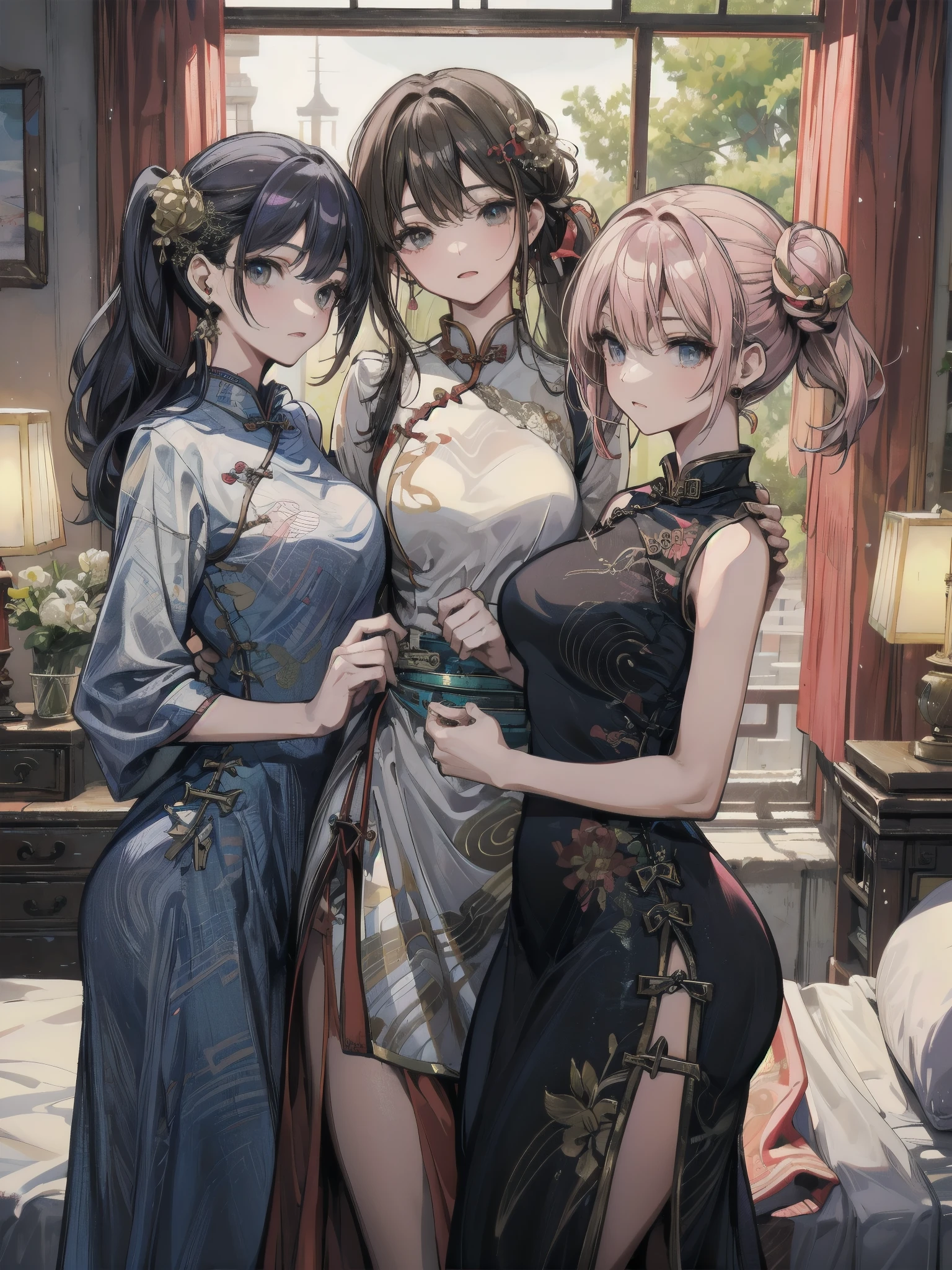 Three Asian women taking pictures in the room, Ulzzang, look in the mirror3sisters, 8k)), popular korean makeup, profile photo, beautiful girl, 8k selfie photo, cute - detailed - face, popular korean makeup, Shishionwu, pretty girl, korean girl, avatar profile photo, sakimichan, very high quality, ultra realistic realism, Super polished, high quality, 8K resolution, diverse styles, Bare your shoulders without showing your chest,small breasts