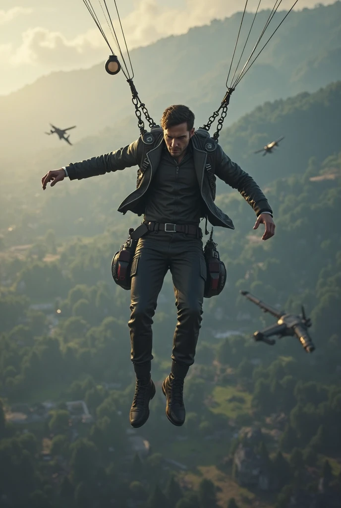 Assembling parts of airoplane when falling from cliff ... leep man in air