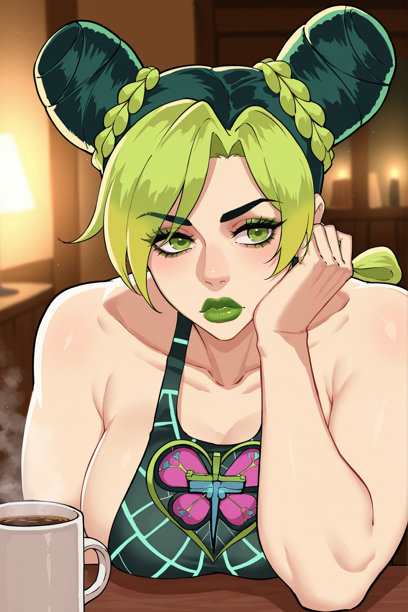 masterpiece, best quality, amazing quality, very aesthetic, absurdres, highres, newest,1girl,kuujou jolyne,green eyes,green lips,large breasts,lipstick,makeup,multicolored hair,mug, cyboii,detailed,cinematic lighting,