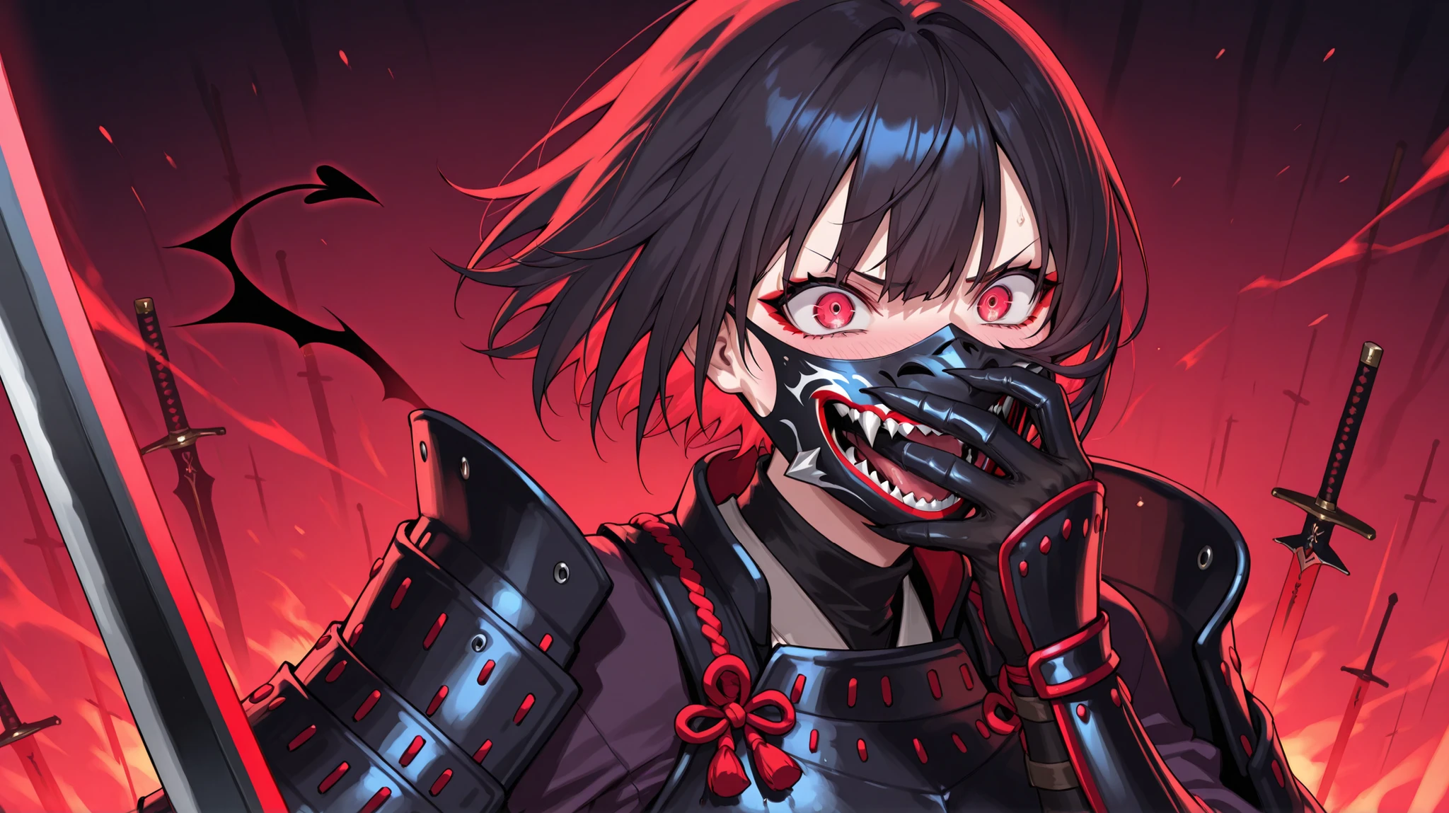 crazy atmosphere、One Japanese woman feeling excited、short hair、Armor、traditional Japanese armor face mask covering the mouth and cheeks with a devil's mouth design、Draw your sword、Vivid Colors、masterpiece、Highest Quality、8k