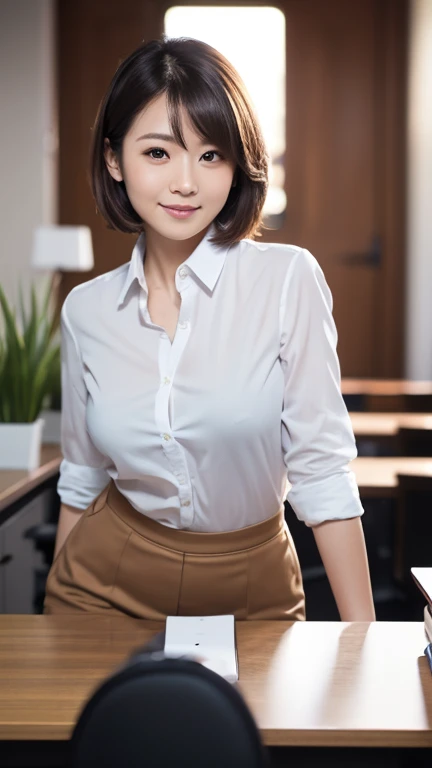 最high quality, 8K, Vibrant, Sharp focus, high quality, High resolution, Middle-aged women, 49 years old,(Wrinkles around the eyes),(wrinkles around the mouth), (whole body),(Very slim and delicate body), High heels, Highly detailed eyes, Thick lips,Plump face,Shirt with buttons and collar,Long skirt,Short Hair,A kind smile,Very small breasts,Leaning forward