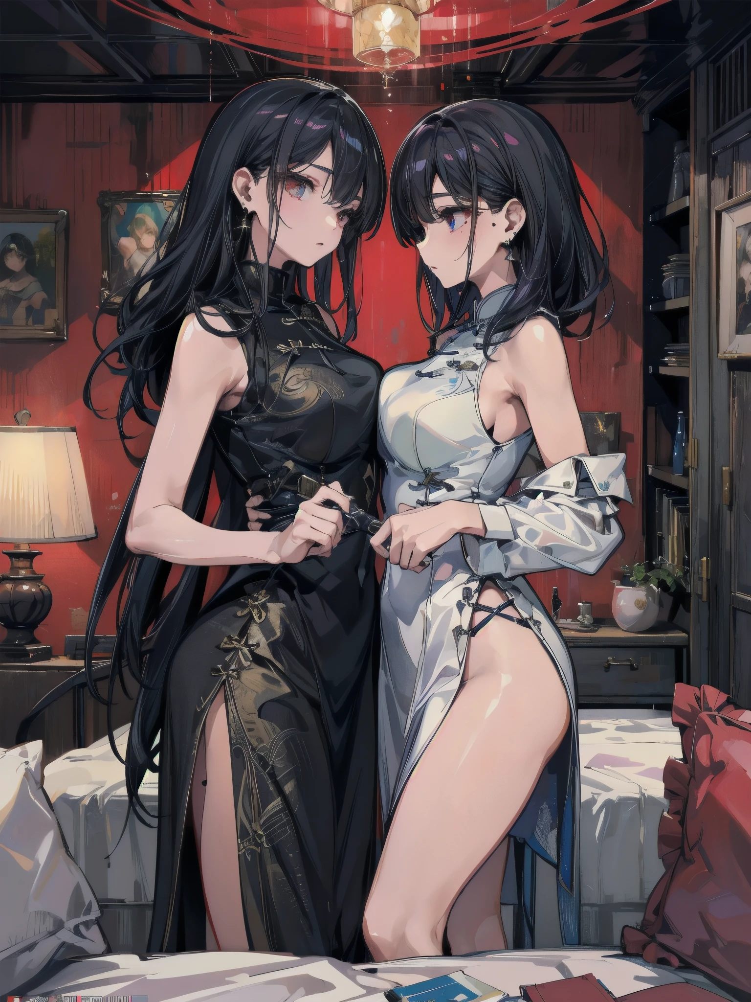 (((masterpiece,Very detailed,Highest quality))),
((NSFW,Very large breasts,Two Girls,Showing off in a line)),
smile,Seductive pose,Mirror alignment,Black and purple hair,
Flexible body,Shiny body,soaking wet all over the body,
Fascinating innerwear,Open jacket,
Muddy,Hotel,